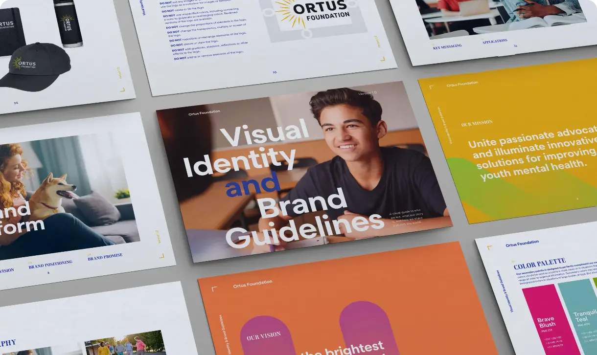 Photos of The Ortus Foundation visual identity and brand guidelines.